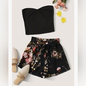 Women's Black 2 Piece Floral Tube Top and Shorts Set, Size Large